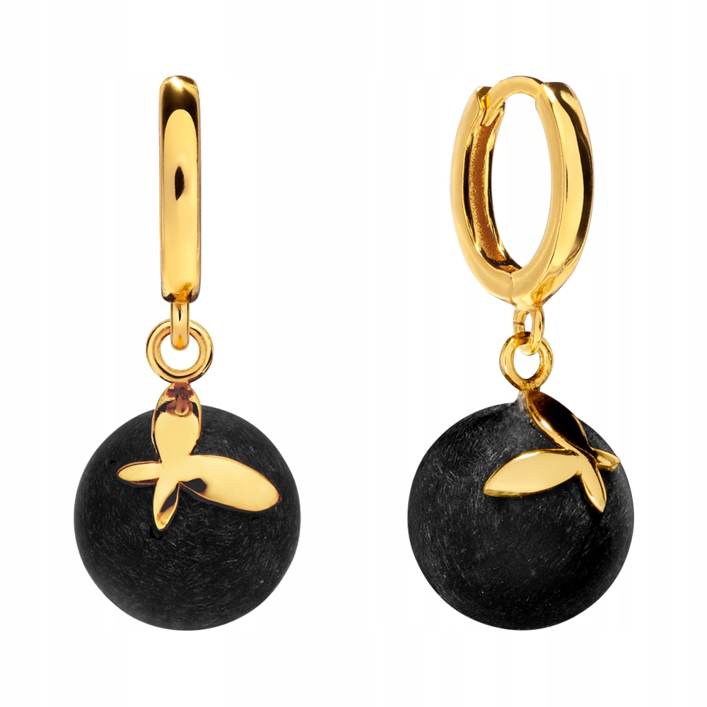 Kolczyki Pozłacane Kuleczki z Bursztynu Czarne z Motylem Srebro 925 Sadva