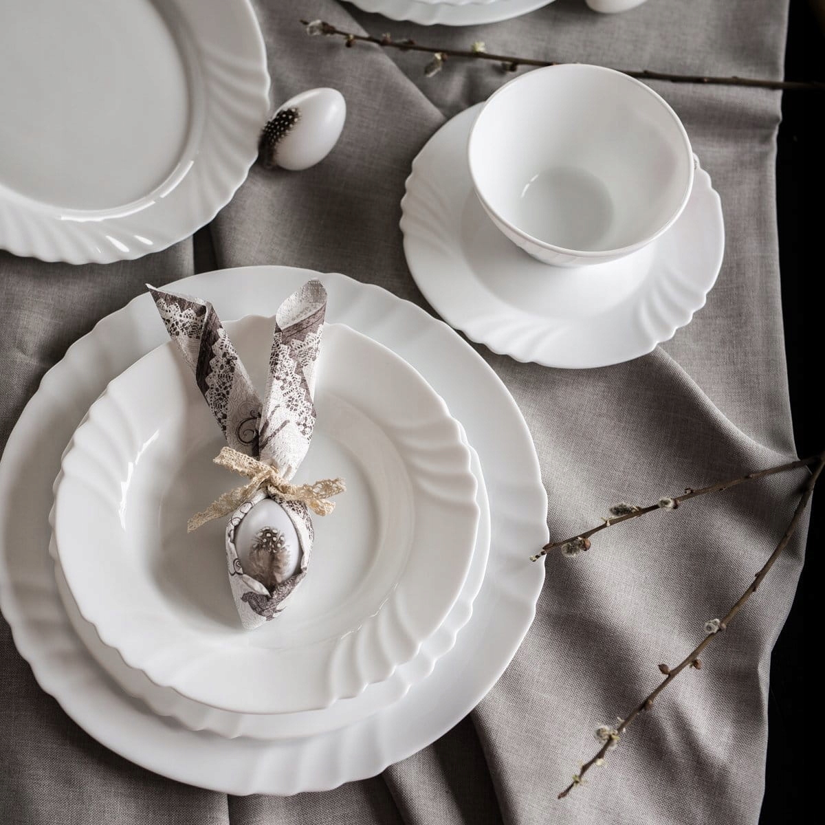 KOMPLET ZESTAW SERWIS OBIADOWY EBRO 36EL 12 OSÓB BIAŁE TALERZE BORMIOLI Stan opakowania oryginalne