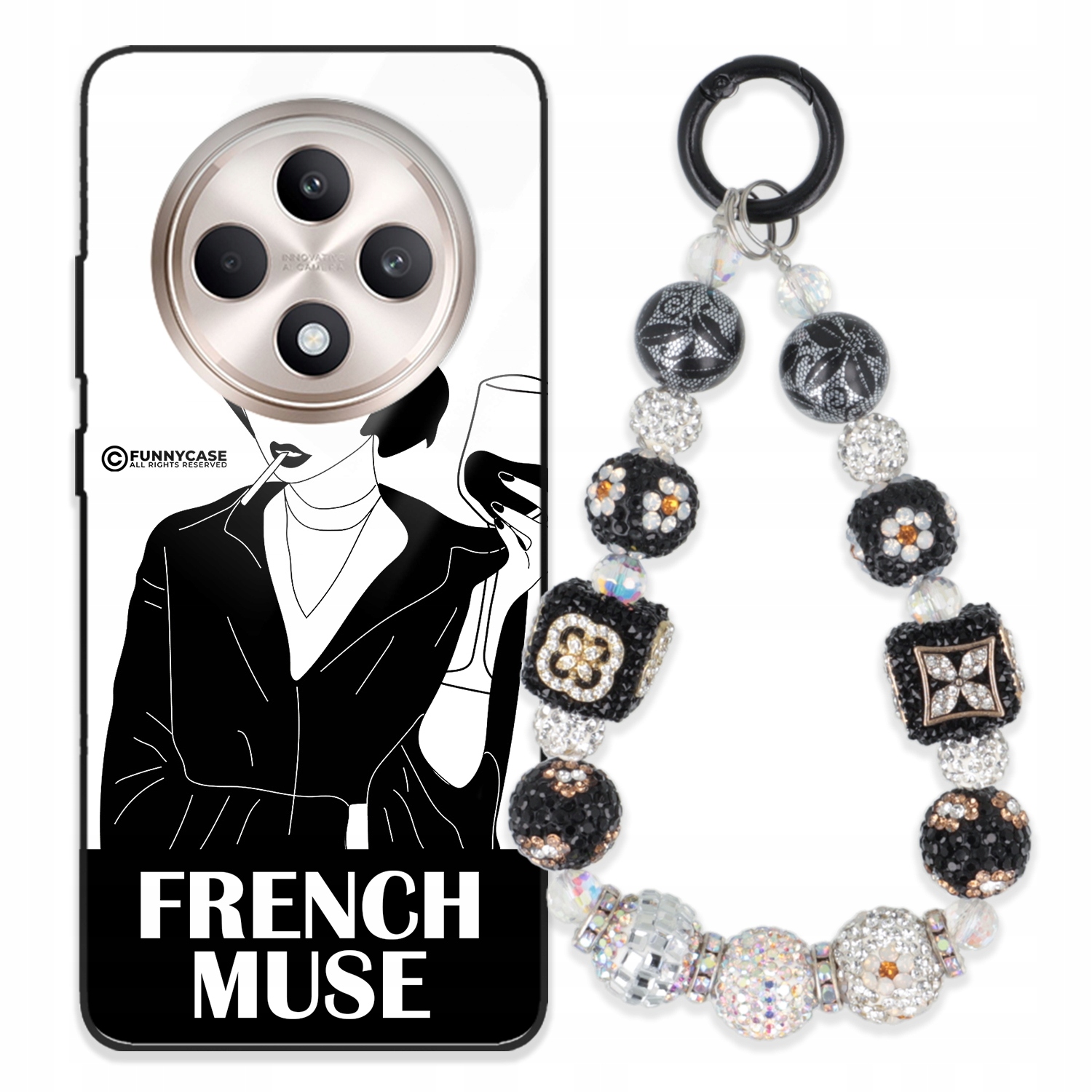 Puzdro Pre Oppo Reno F27 Glass Ženské Čierno-biele Kľúčenka Strieborné Zirkóny