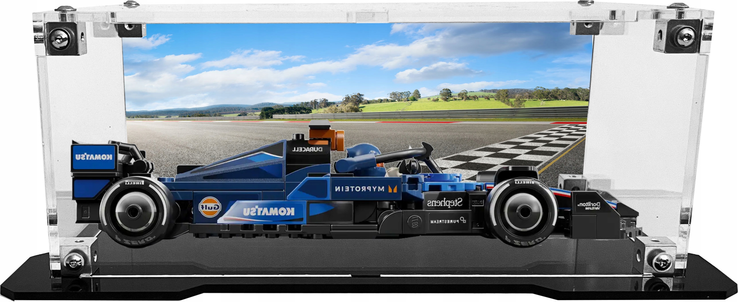 Vitrína s černou základnou a pozadím pro stavebnici Lego 77249 Formule F1 Williams