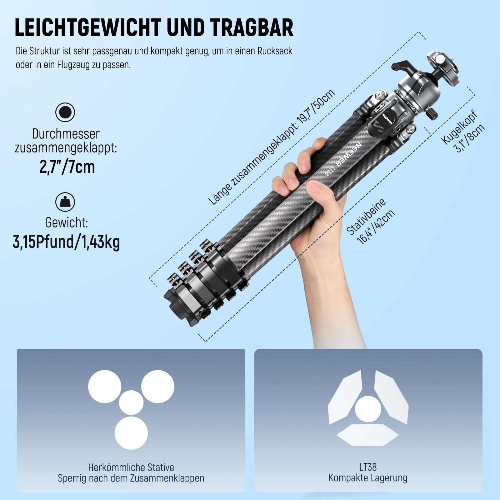 NEEWER LITETRIP LT38 Statyw Kamera 155cm Włókno Węglowe 360° Arca QR — miniatura 2