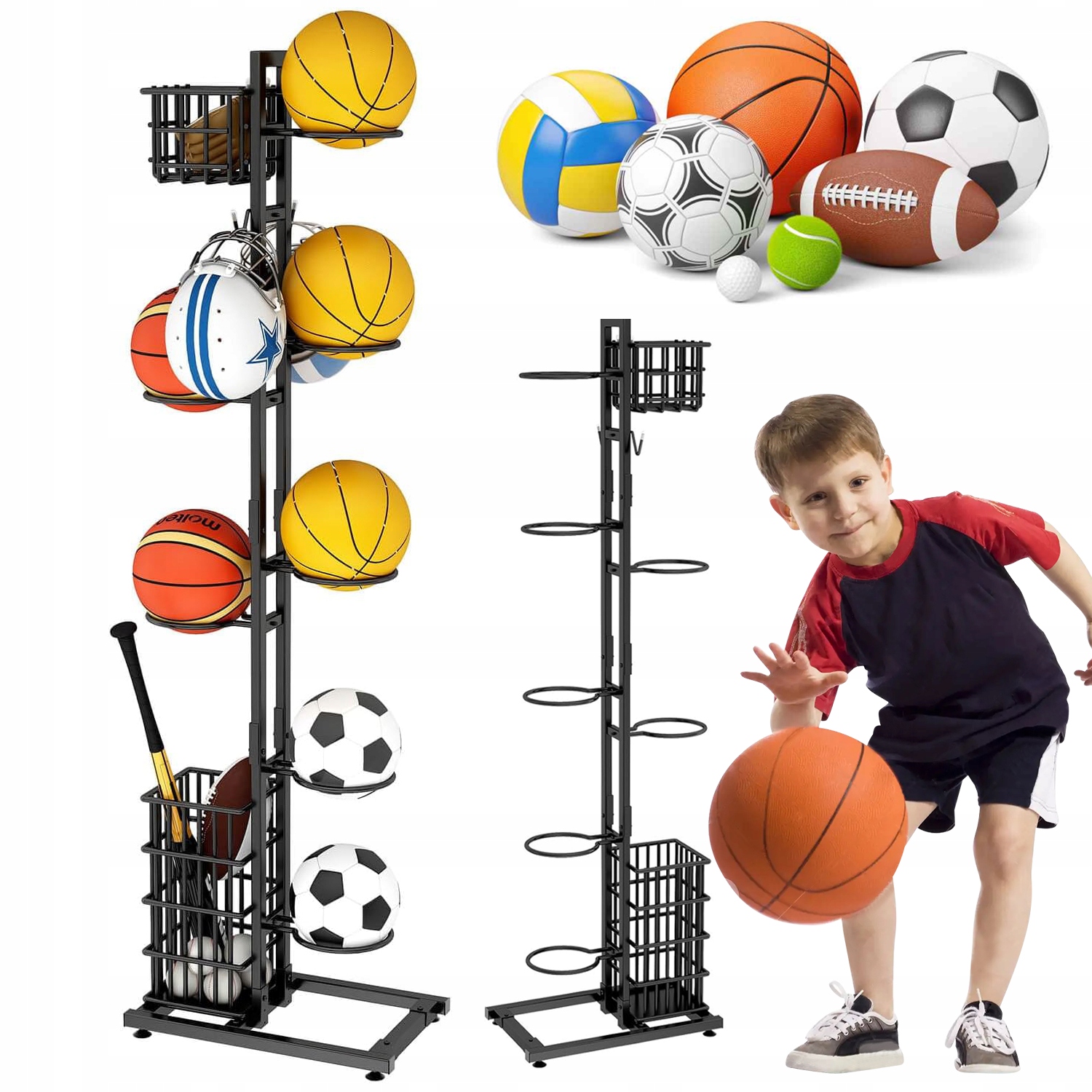 Stojan Na Míče, Úložný Organizér, Regál Na 7 Míčků, Kovový, 156 CM