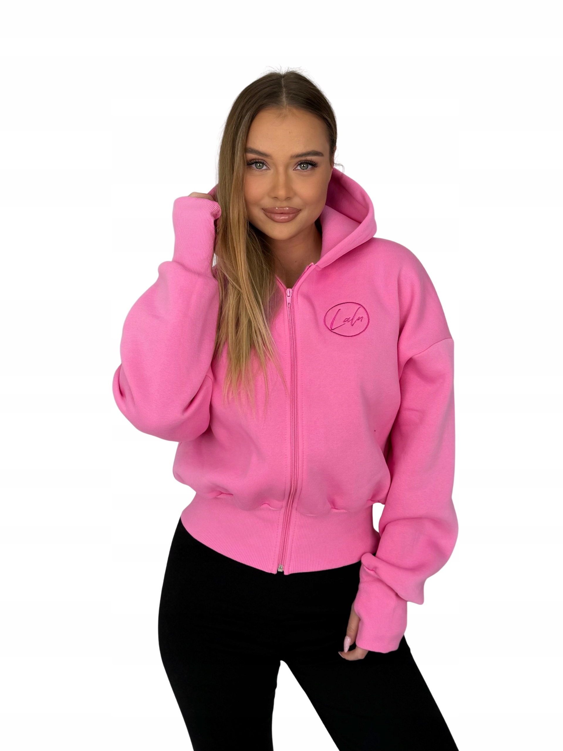 Mikina s kapucí, rozepínací, oversize, šité kulaté logo LaLu, růžová