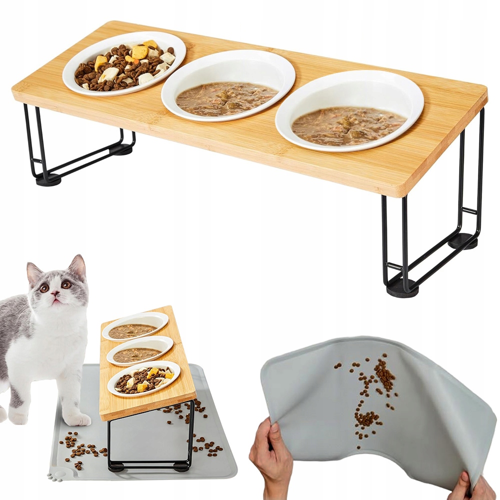 Levně Keramická Miska Pro Kočky Zvýšená O 15 Stupňů Se 3 Bambusovými Miskami