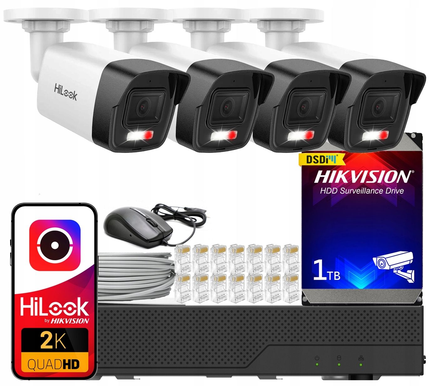 Zestaw do Monitoringu Ip 4 Kamery Zewnętrzne 4MPx 2K PoE Hdd 1TB Hikvision