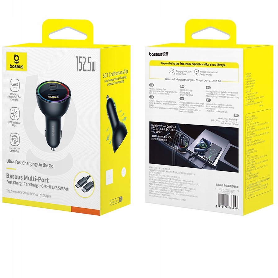 automobilová Baseus 152,5 W Usb-c x 2 Usb-a 3000 mA kabel