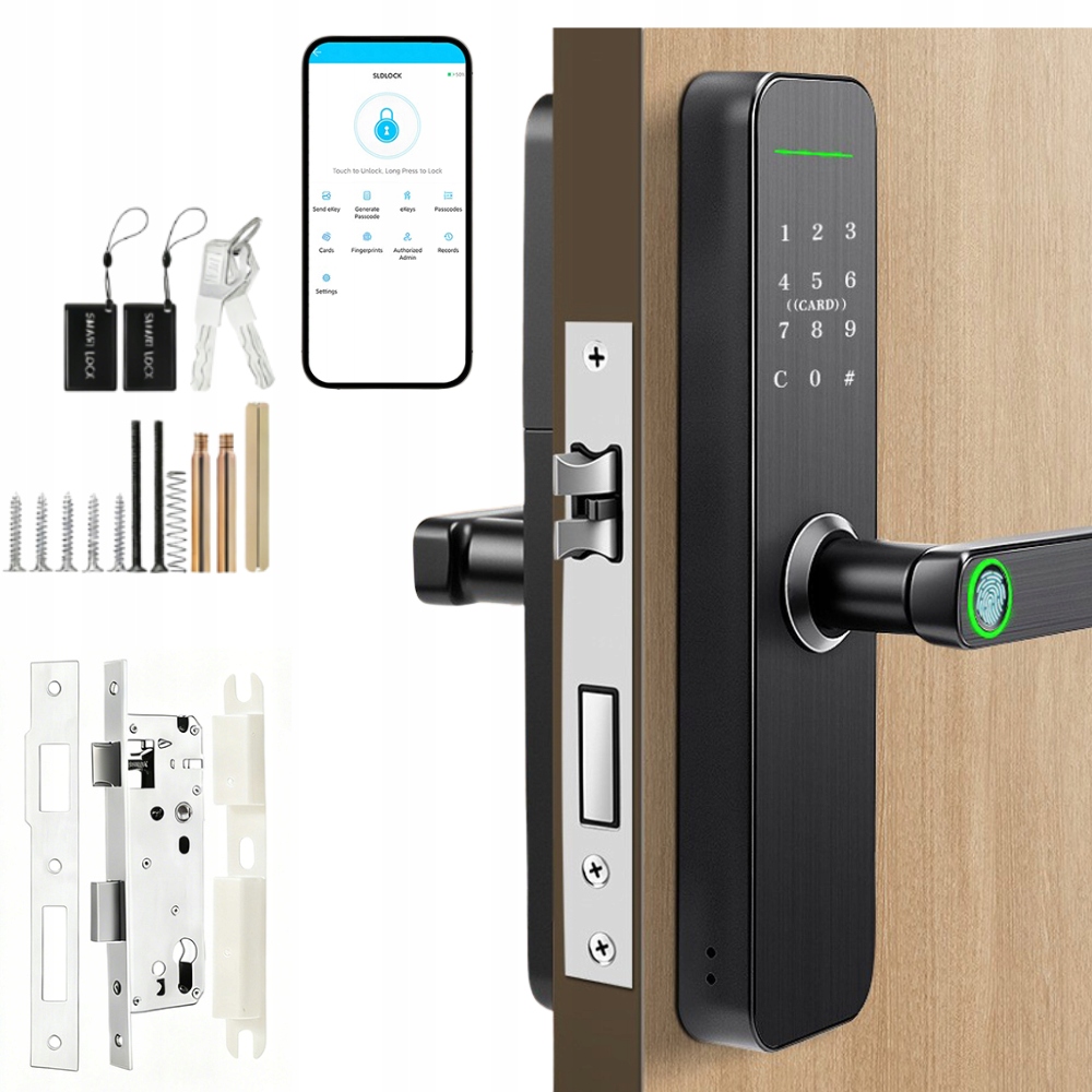 Elektronický Zámek Klika Na Dveře Černá Na Kód, Kód, Otisk Prstu