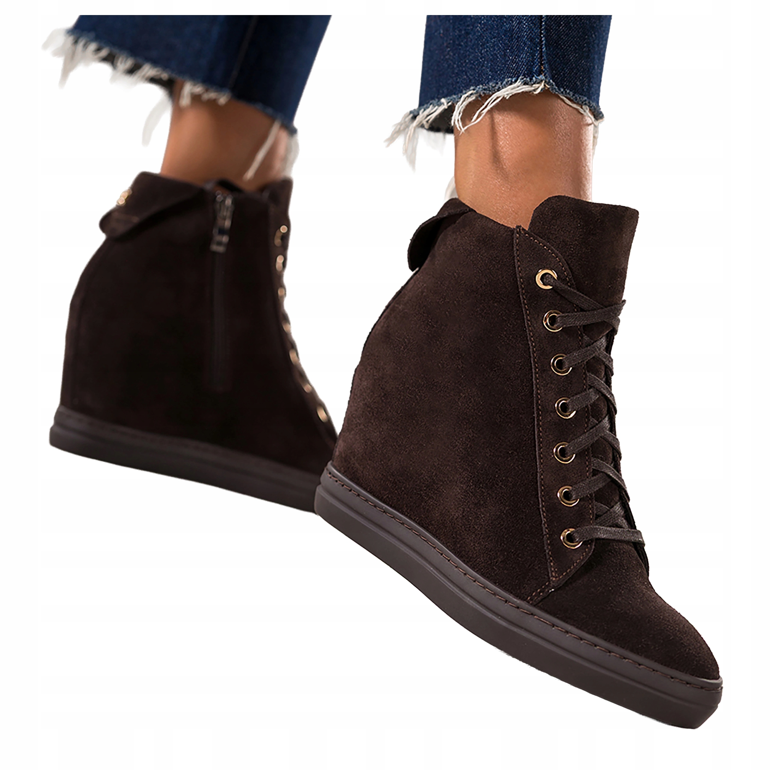 Čokoládové dámské kotníkové boty Šněrovací Tenisky Skrytý Koturn Kožené r 39