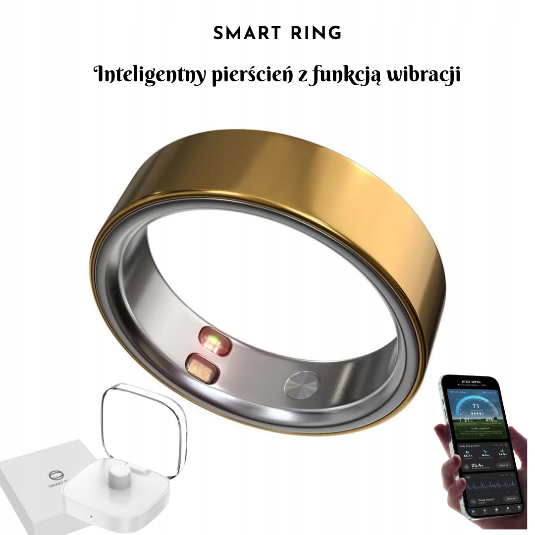 Smart Ring złoty rozmiar 12 – monitorowanie Hrv, tętna i snu, wykonany w całości z metalu