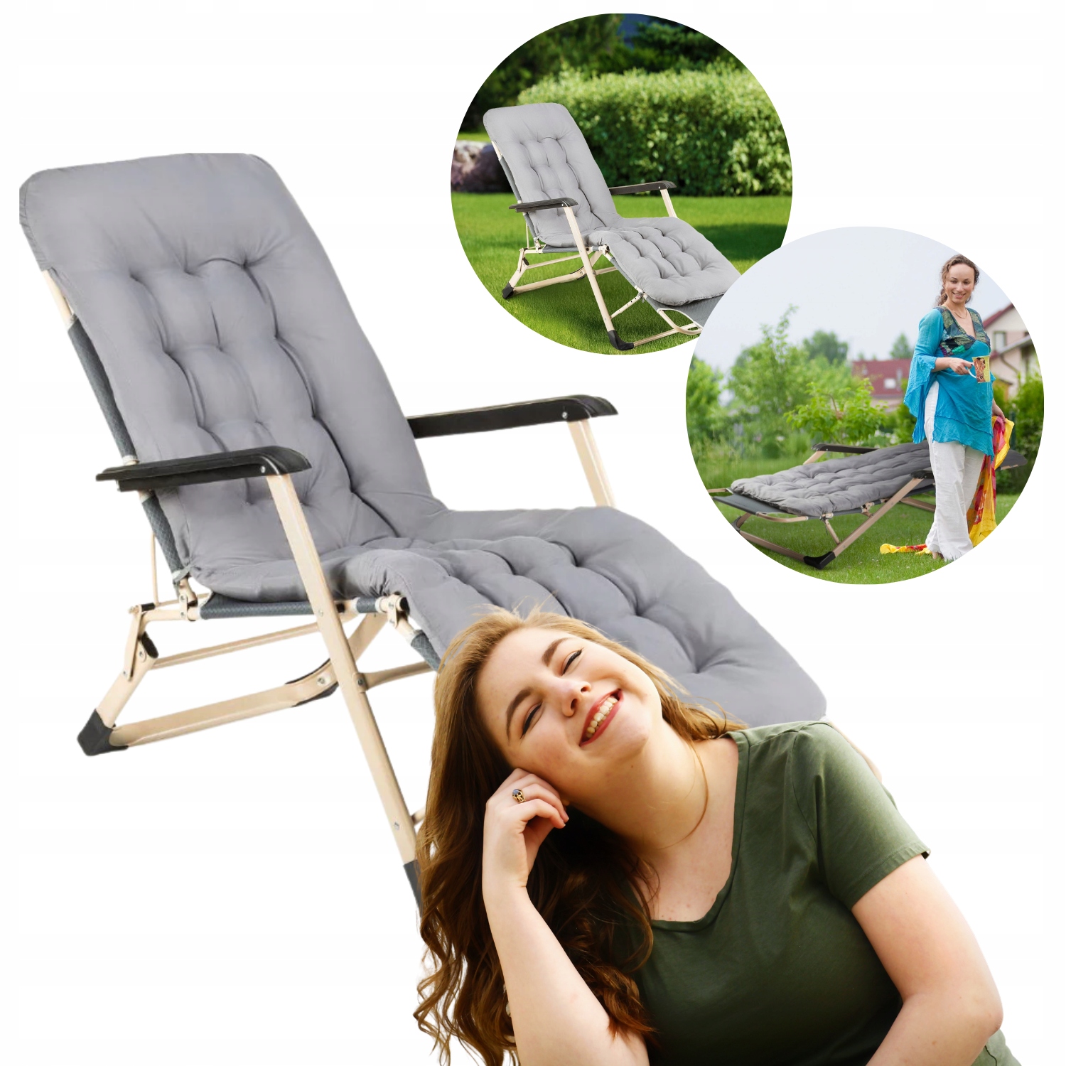 Leżak ogrodowy fotel składany turystyczny z poduszką szary design