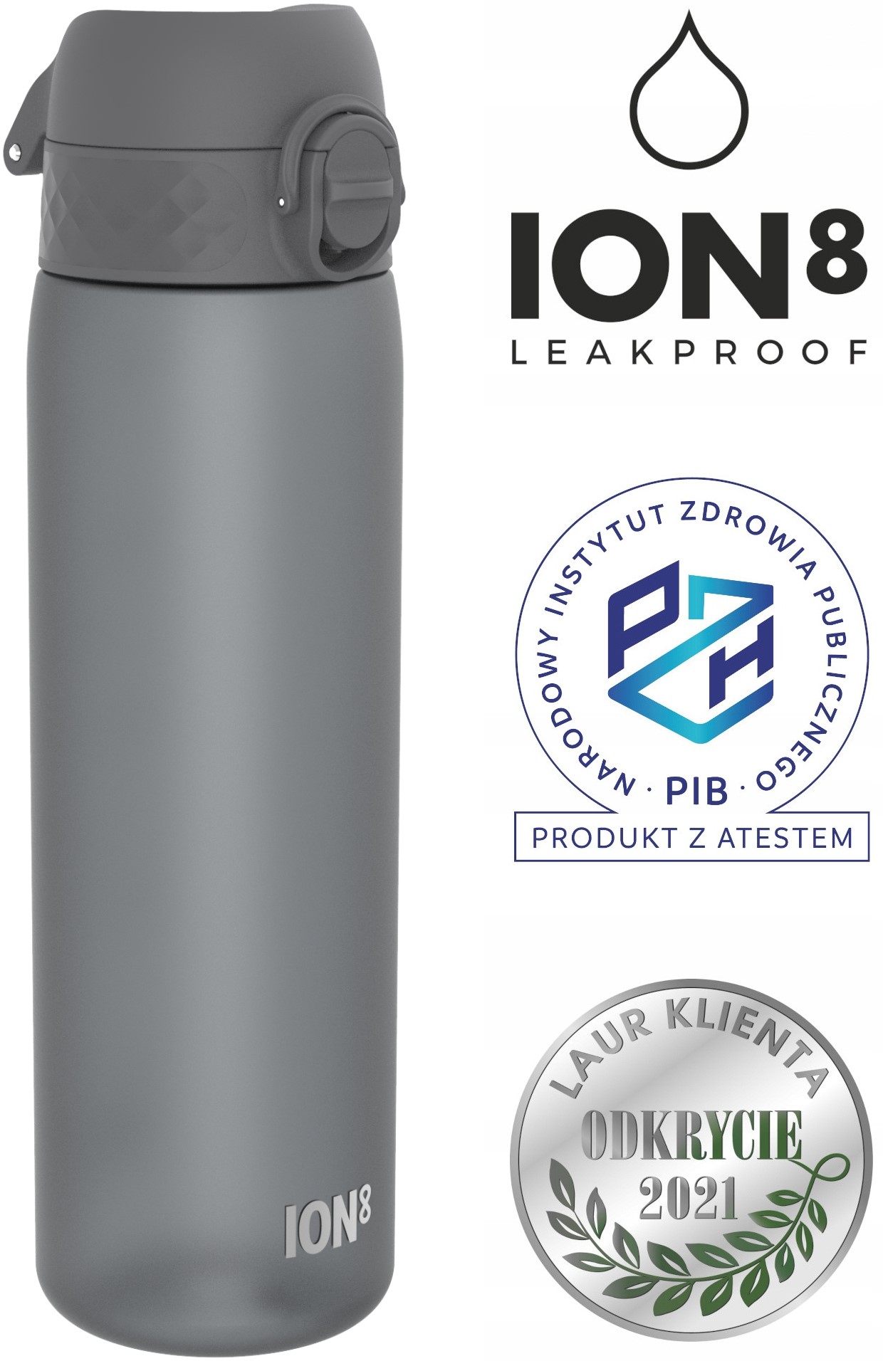 Bidon ECO na wodę ION8 500ml Szary z atestem Rodzaj bidon