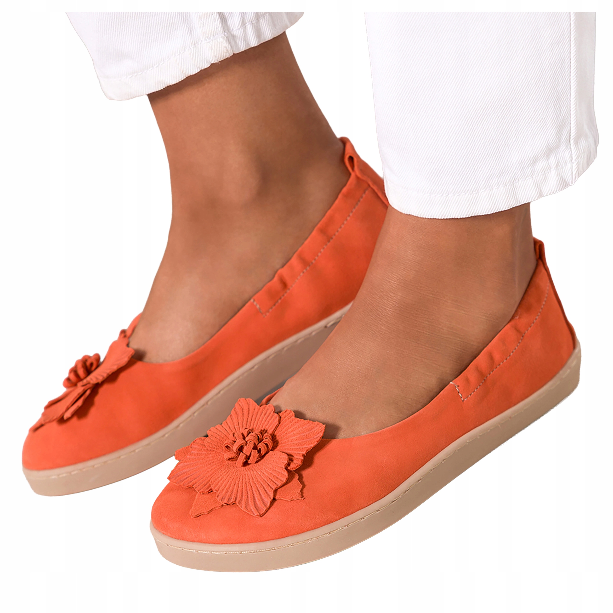 Oranžové Baleríny Dámské Barefoot S Květem Elastické Kožené vel. 41