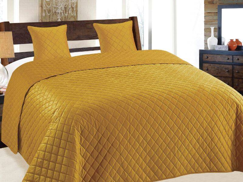 Dwustronna Narzuta Musztardowa Pikowana Pled 220x240 cm + 2 poszewki