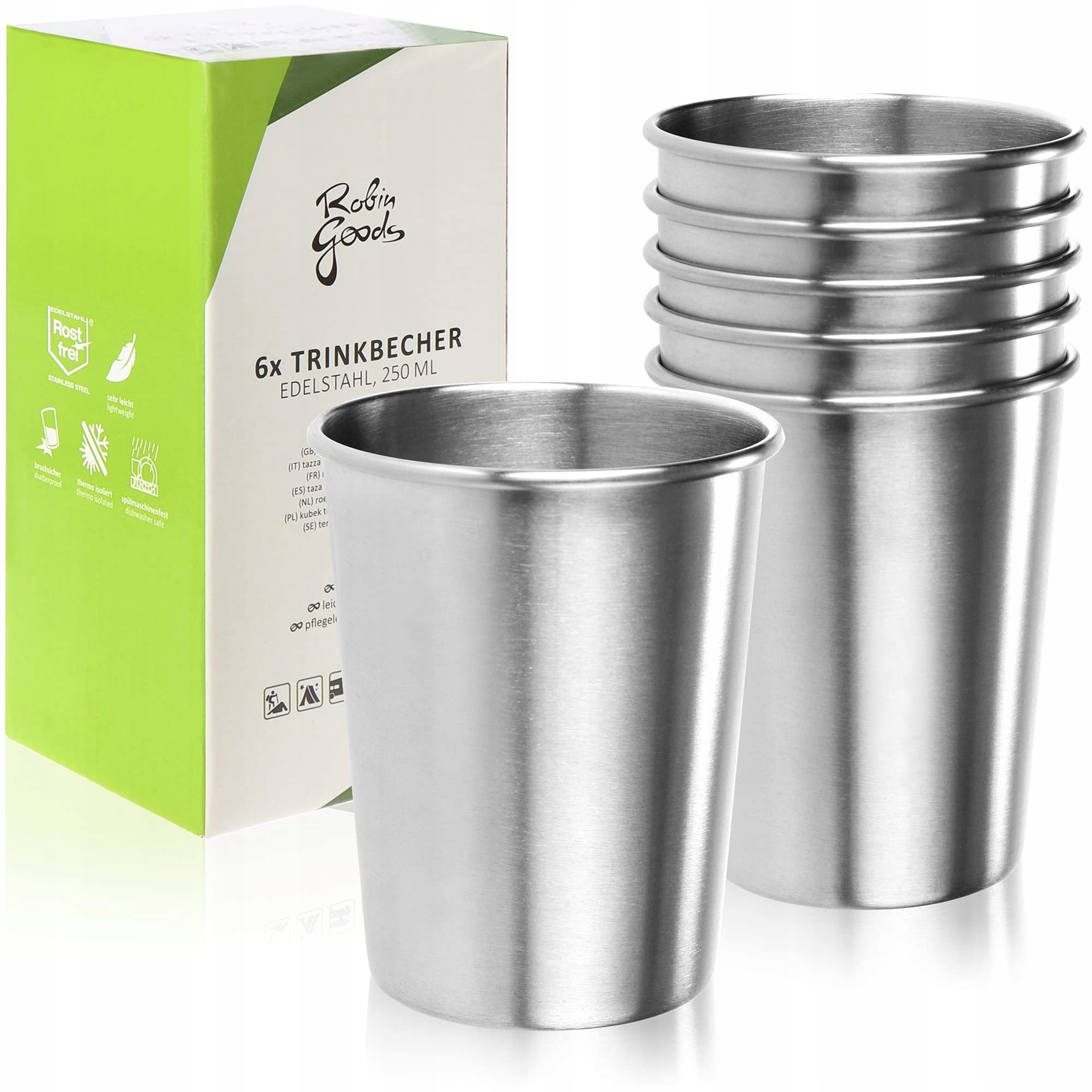 Robin Goods Sada 6 hrnků Z Nerezové Oceli 260 Ml Bez Bpa Camping