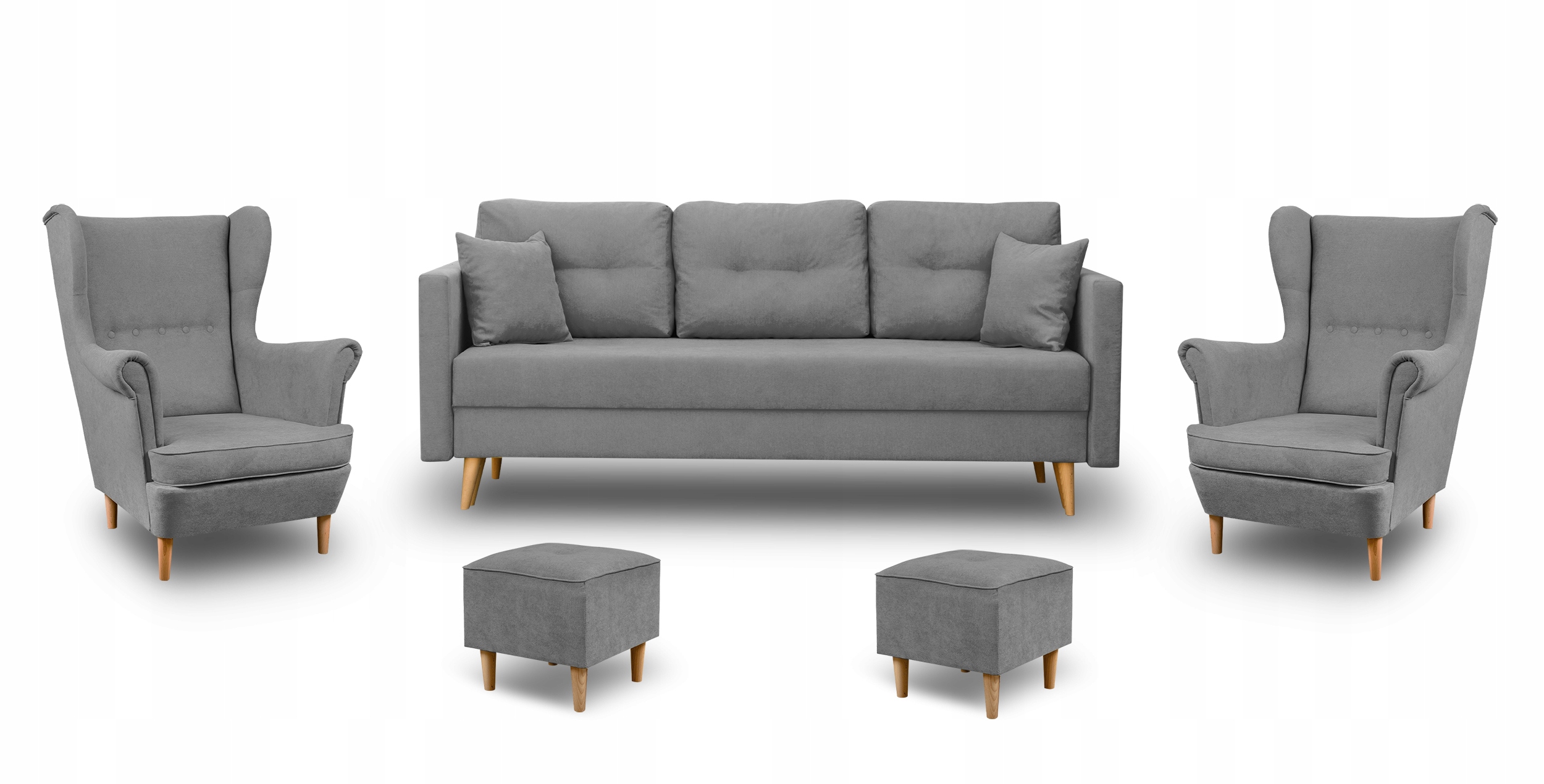 ZESTAW SOFA +2 FOTELE USZAK USZAK + PODNÓŻKI SZARY