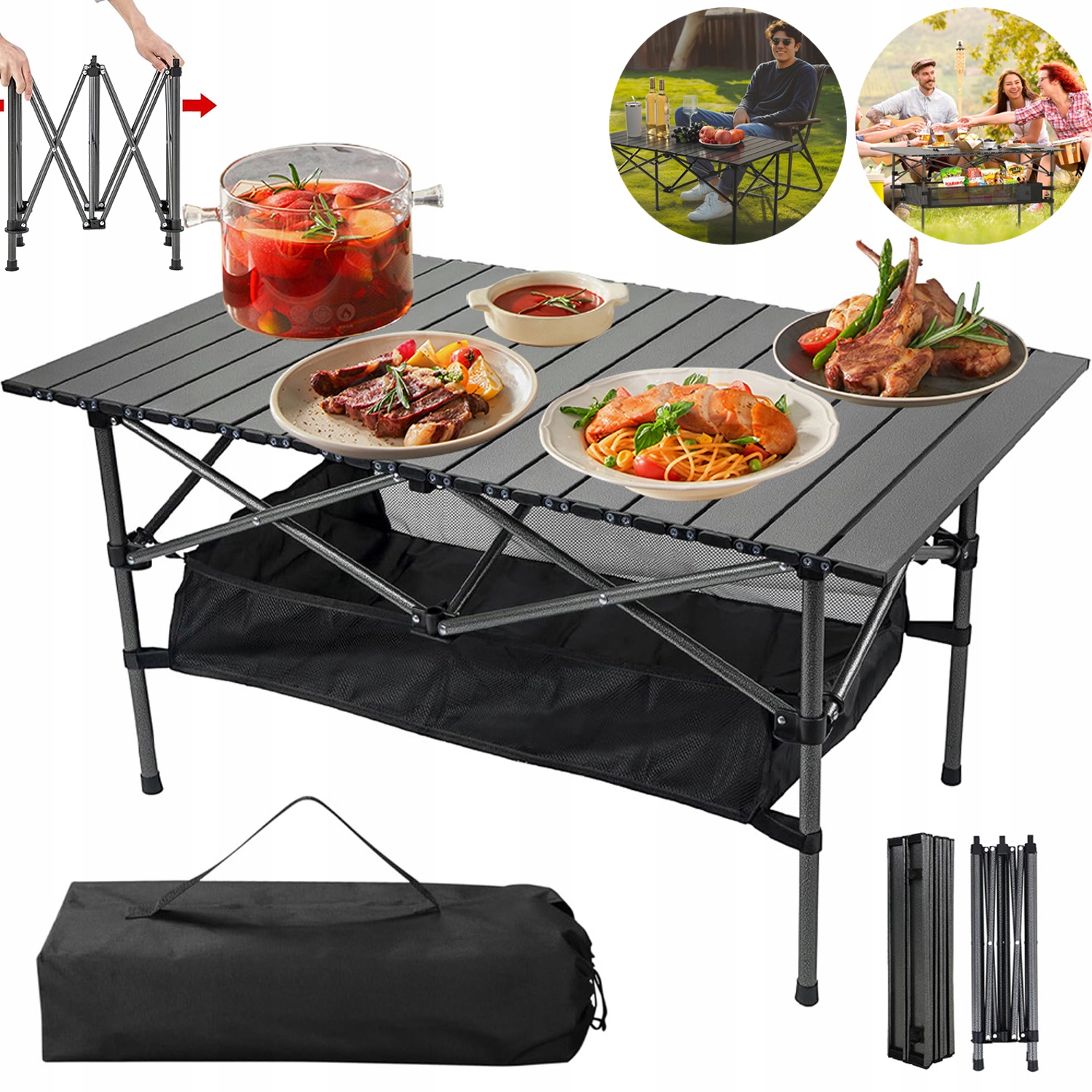 Stolik Turystyczny Składany 96X55 CM Kempingowy Piknikowy Z Torbą Czarny
