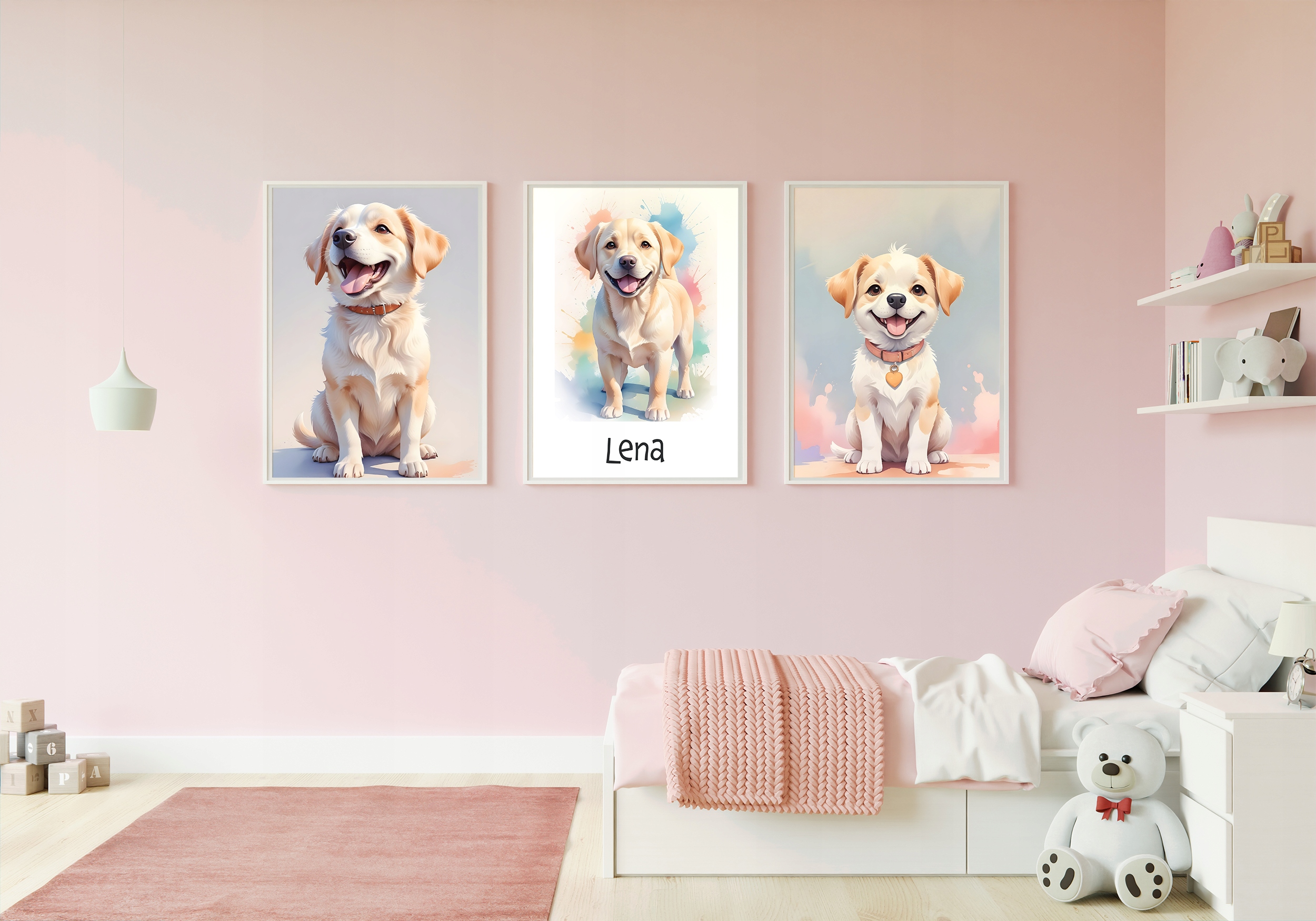 3 obrazki do pokoju dziecięcego A3 plakaty psy pieski na prezent imię Marka inna marka