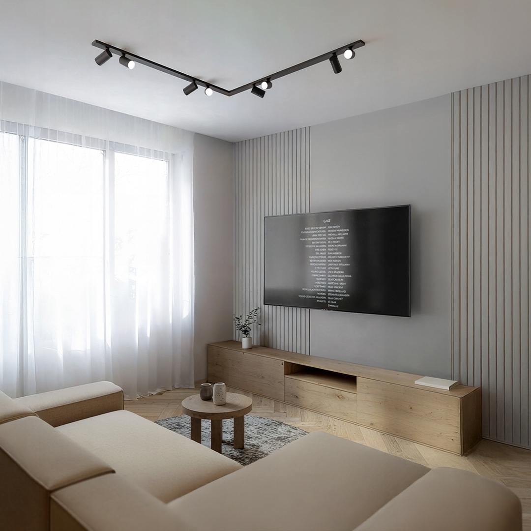 Dlhá lišta reflektora spot 8xGU10 čierna rohová, jednoduchá, tienidlo na klik