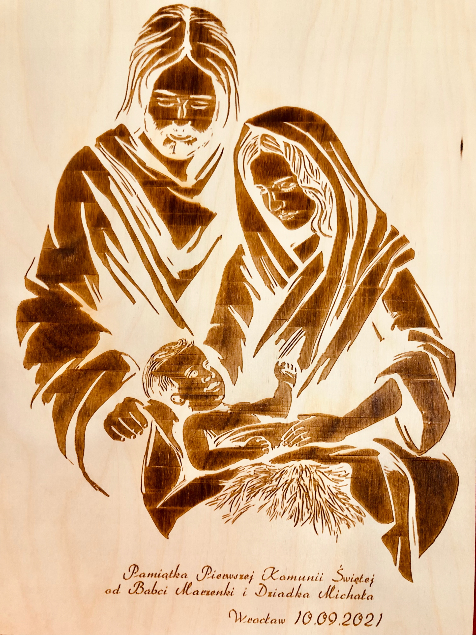 Gravírovaný ve dřevě obraz Marie a Ježíš