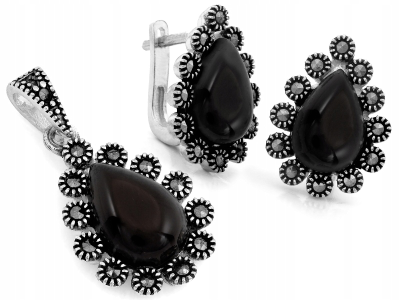 Stříbrný komplet 925 kapka slzy s černým velkým kamenem náušnice, přívěsek