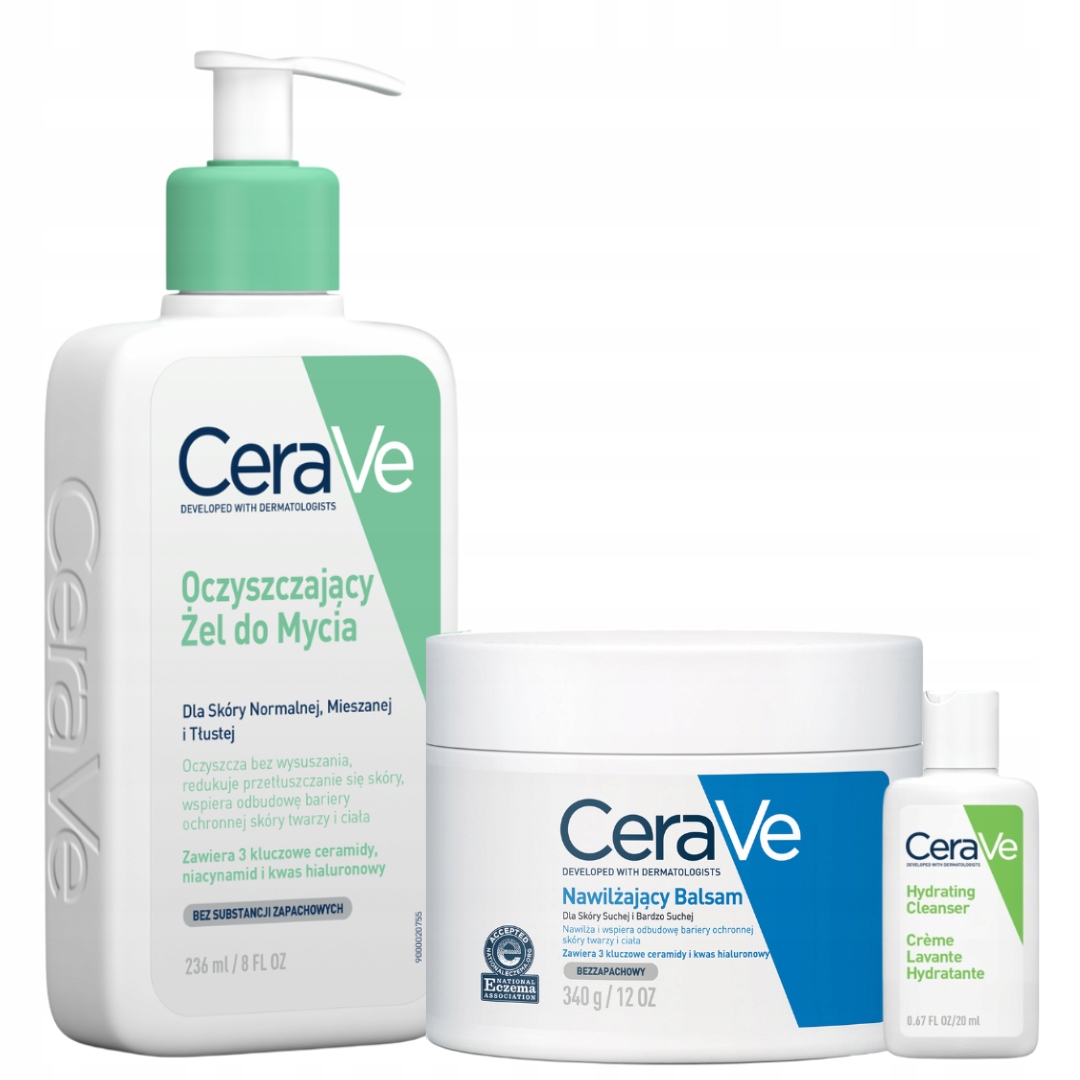 Zestaw CeraVe Nawilżający Balsam 340g, Oczyszczający Żel do Mycia 236ml