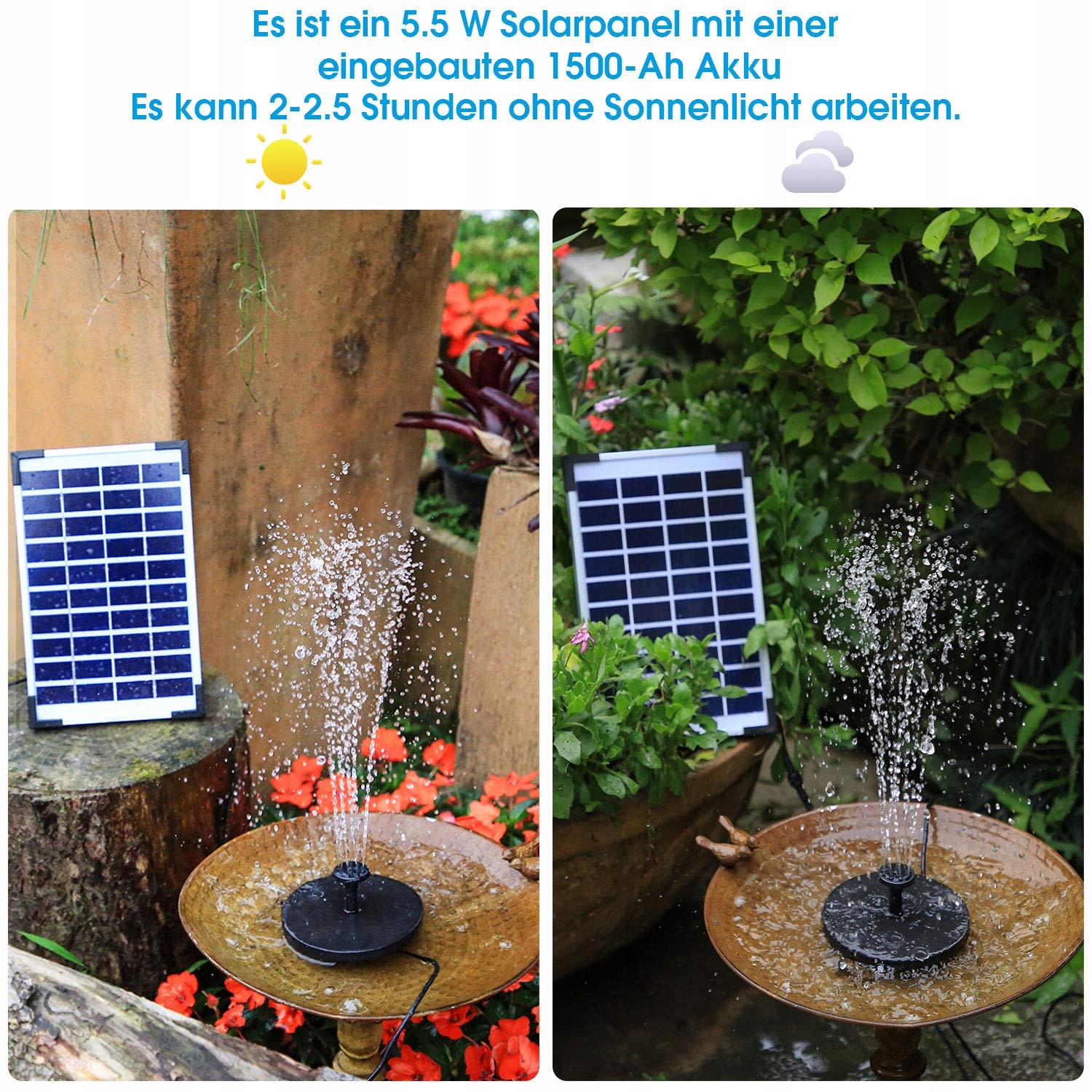 AISITIN Fontanna Solarna 5.5W Z Baterią 1500mAh Do Oczka Wodnego Ogrodu — miniatura 4