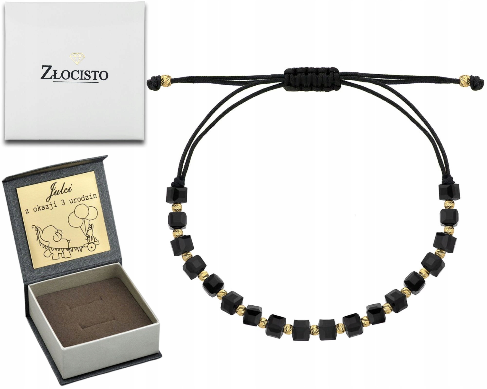 Zlatý Provázkový Náramek S Černými Kameny A Zlatými Diamantovými Kuličkami 585