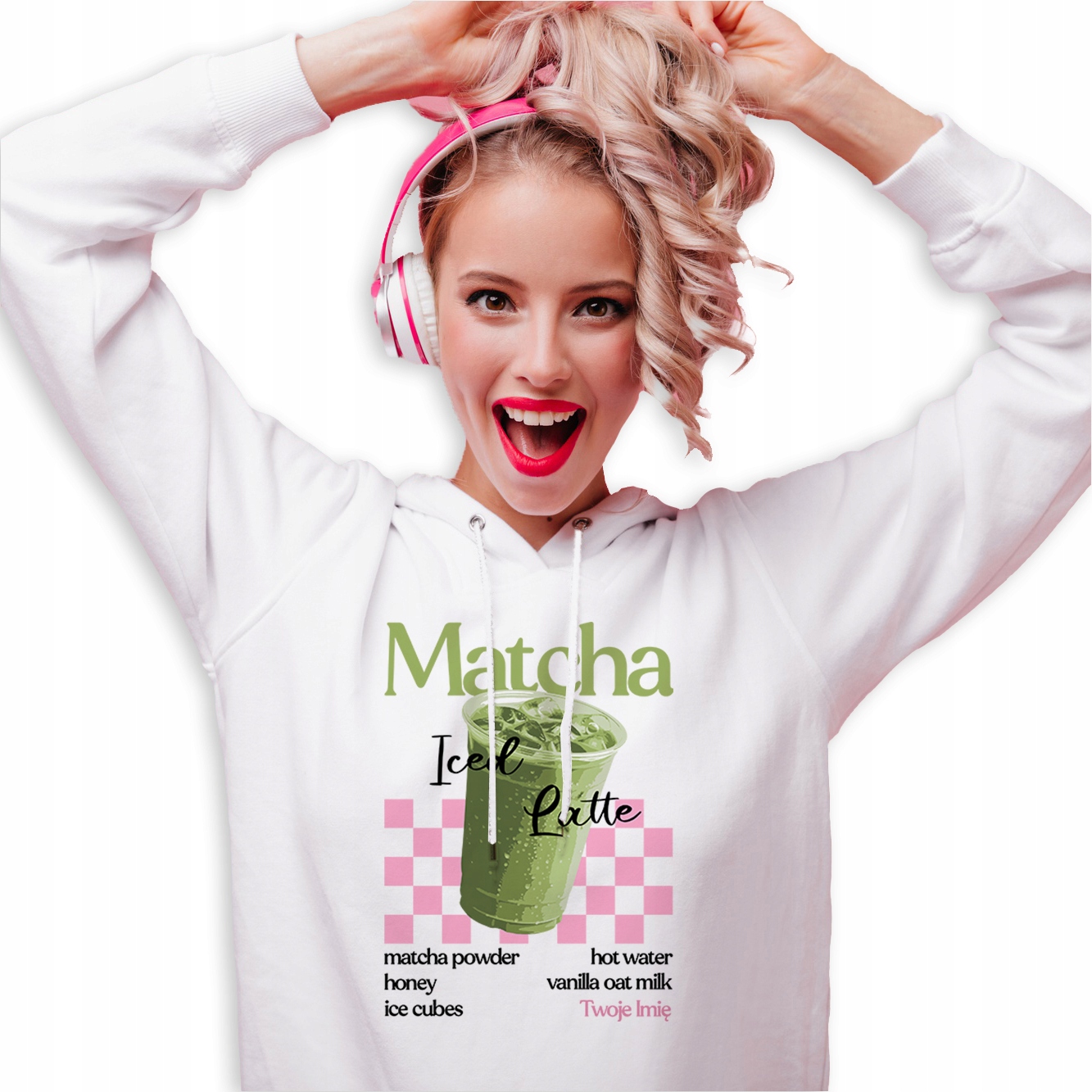 Mikina Hoodie Bílá pro milovnici Matchy Matcha Iced Latte Jméno M