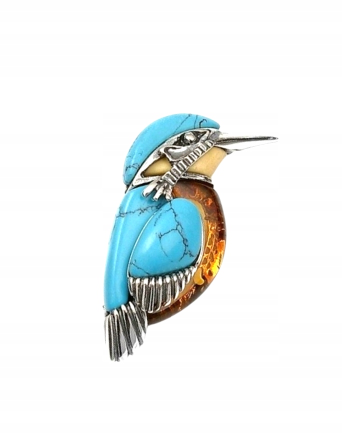 Stříbrná Brož Pták Zimorodek Jantar Tyrkysová Ptáček