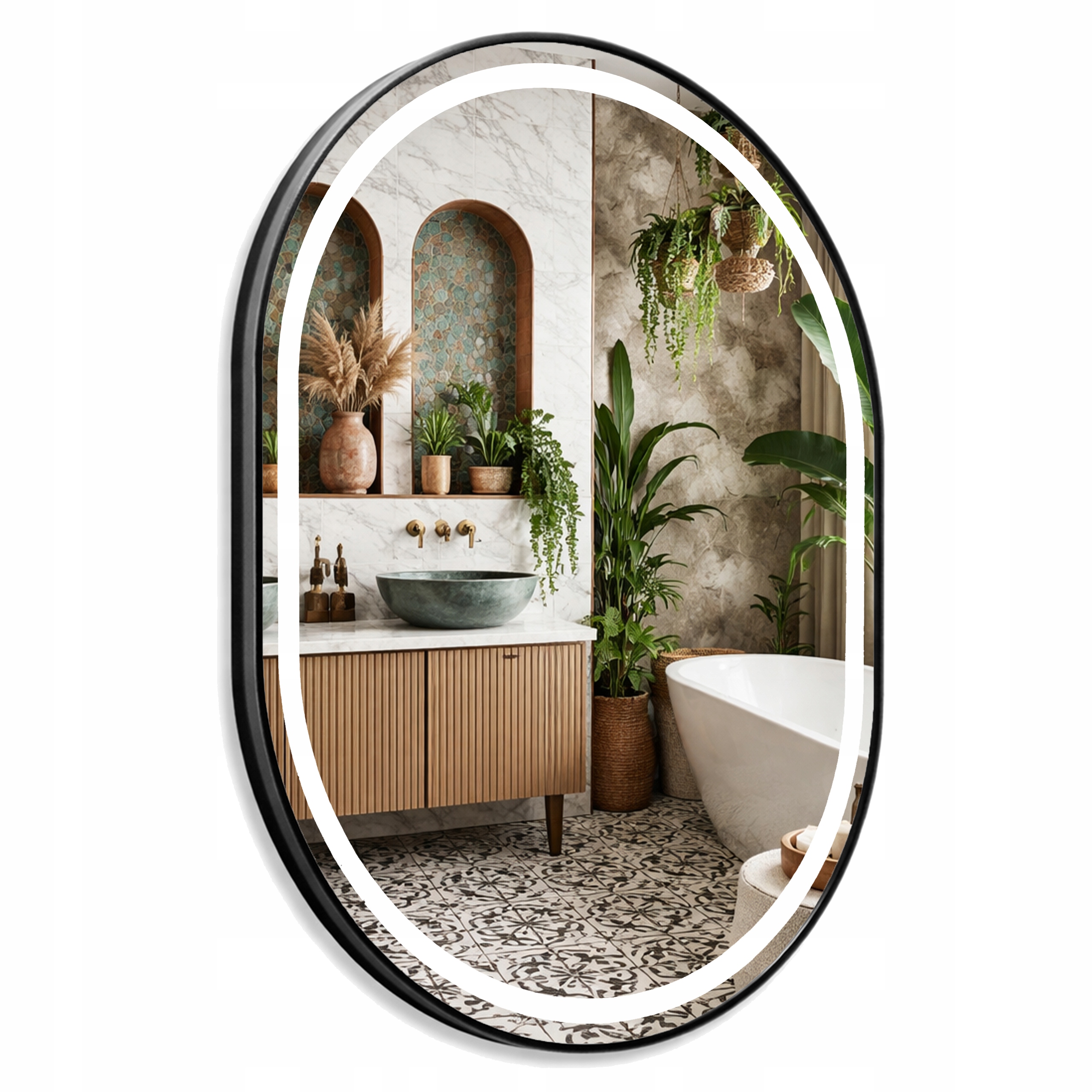 Oválne Zrkadlo 80x140 Čierny Hliníkový Rám Loft S Dekoratívnym Osvetlením