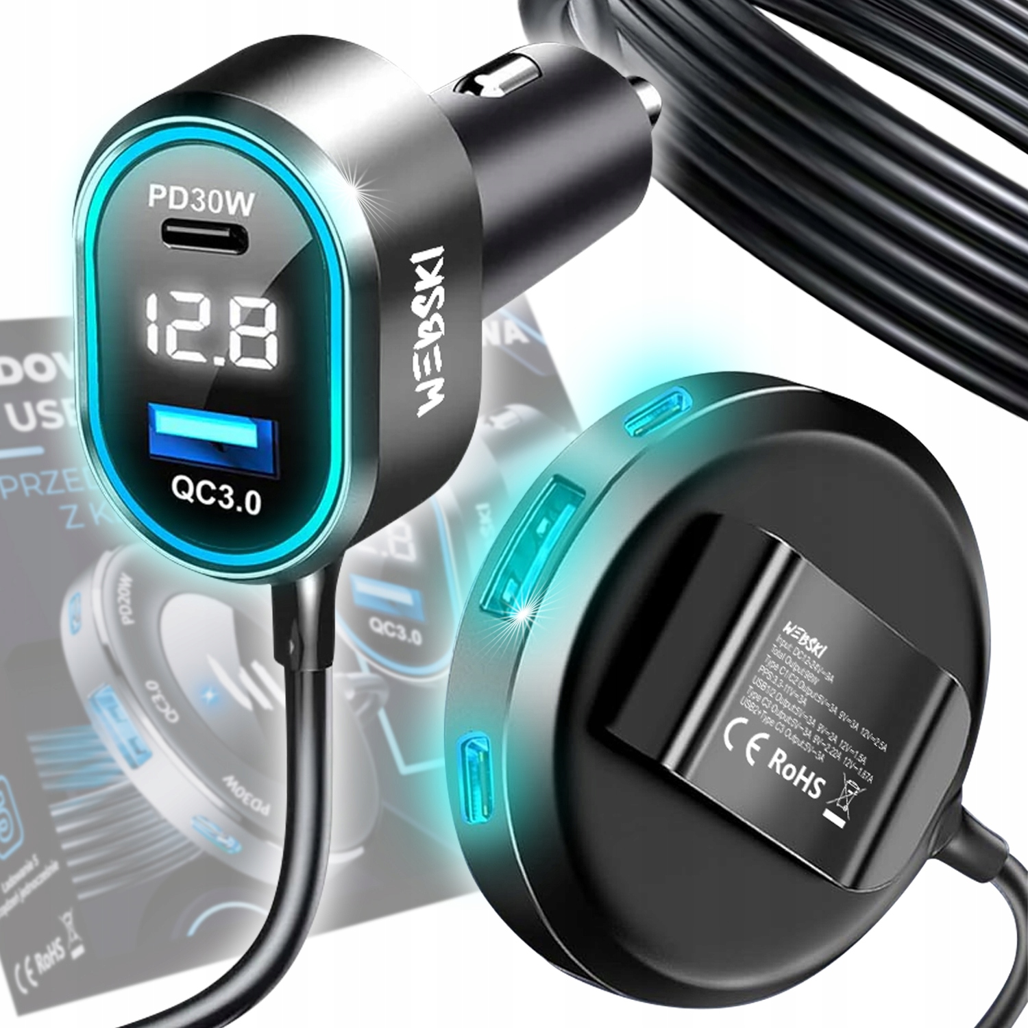 Velmi Rychlá Automobilová Nabíječka Rozdělovač Klip 98W 2xUSB 3xUSB-C LCD