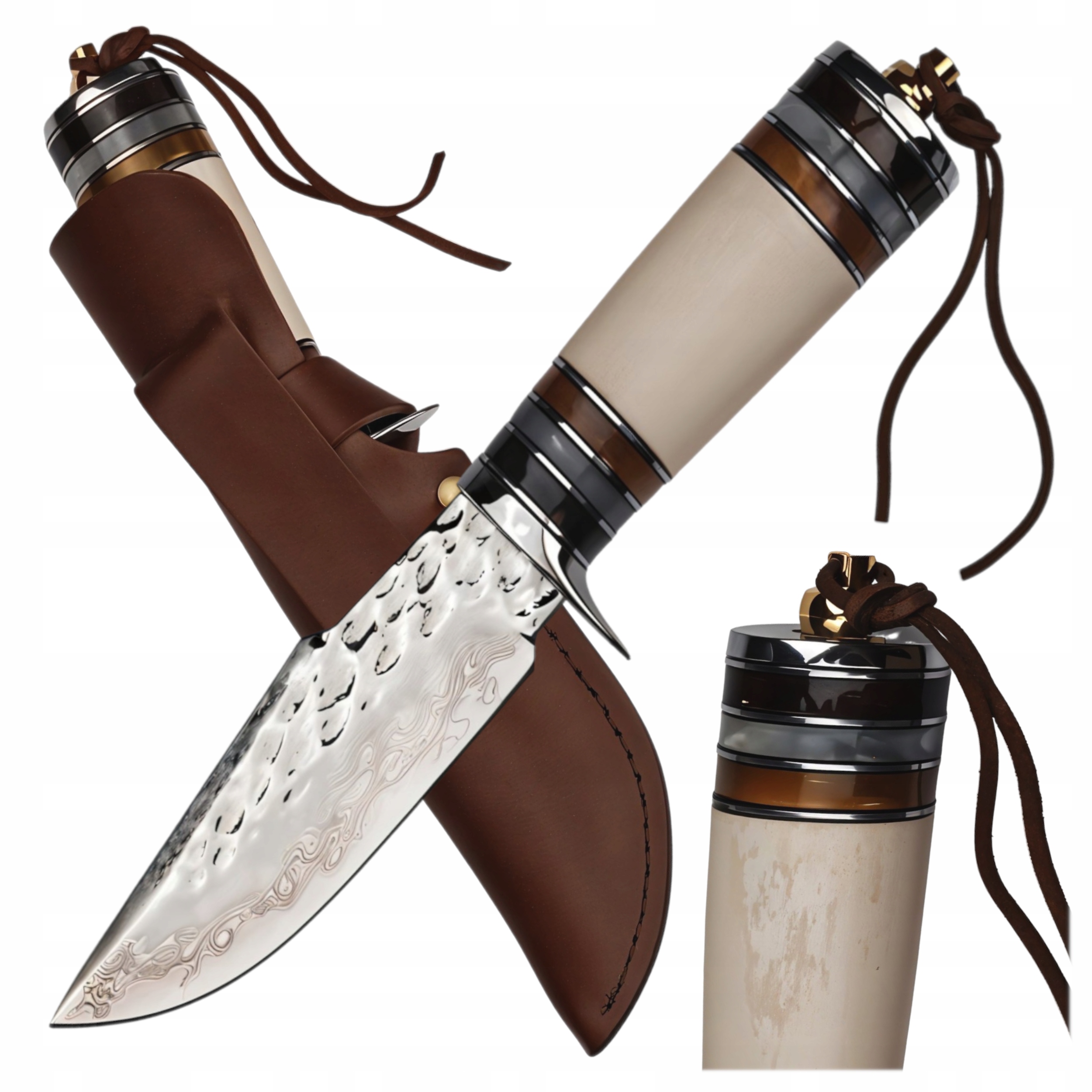 Nůž Dýka Damast Kościana Rukojeť a kožená Pouzdro