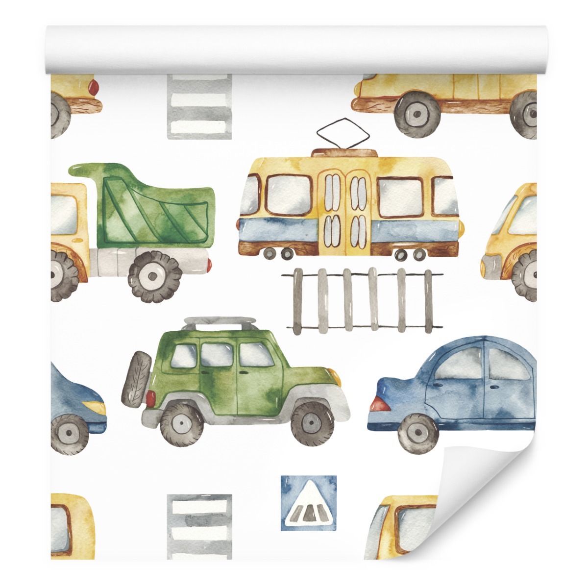 Tapeta pro děti Akvarelové Auta Tramvaj Dekor