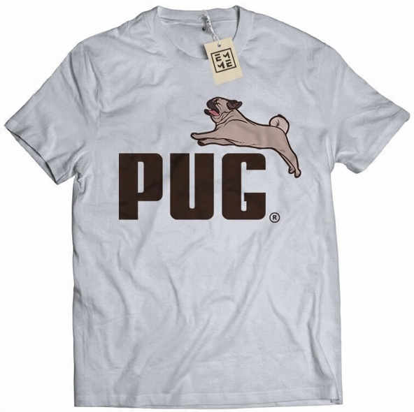 

Koszulka Pug Mops Puma logo parodia szara M