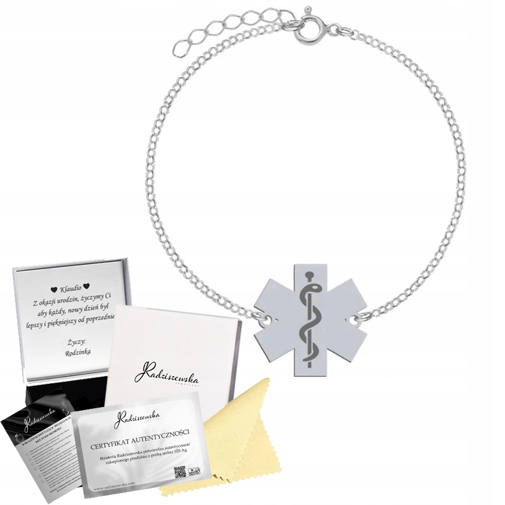 Stříbrný Náramek Eskulap Značka Lékařský Gravírování Stříbro 925 Dárek