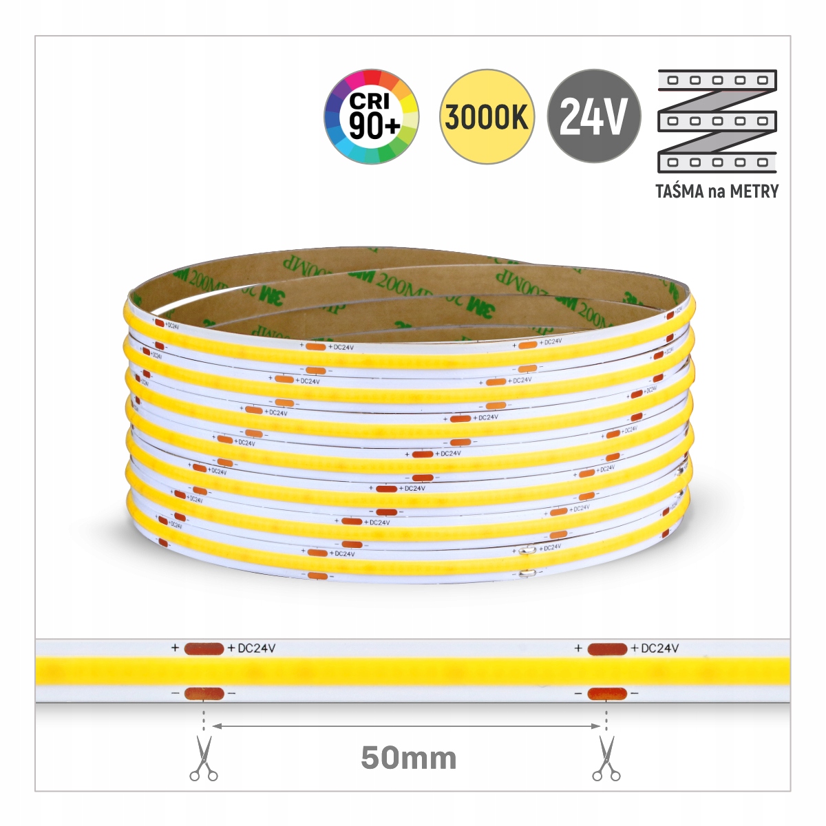 TAŚMA LED COB 480LED/m 15W/m 3000K CIEPŁA 24V/DC 1500lm/m CIĄGŁE ŚWIATŁO Długość 1 m