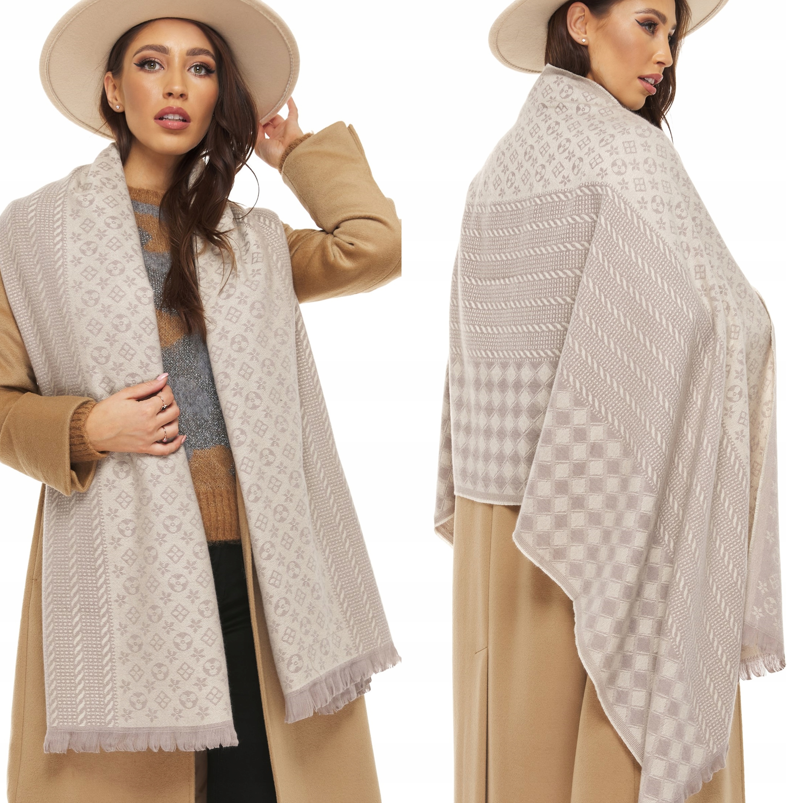 SZAL SZALIK DAMSKI CIEPŁY azteckie wzory LUI beż