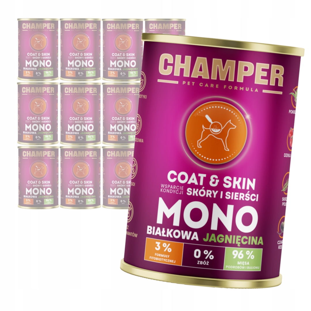 Levně Champer Coat & Skin 12x400 g Monoproteinové Vlhké Krmivo pro psy s jehněčím masem