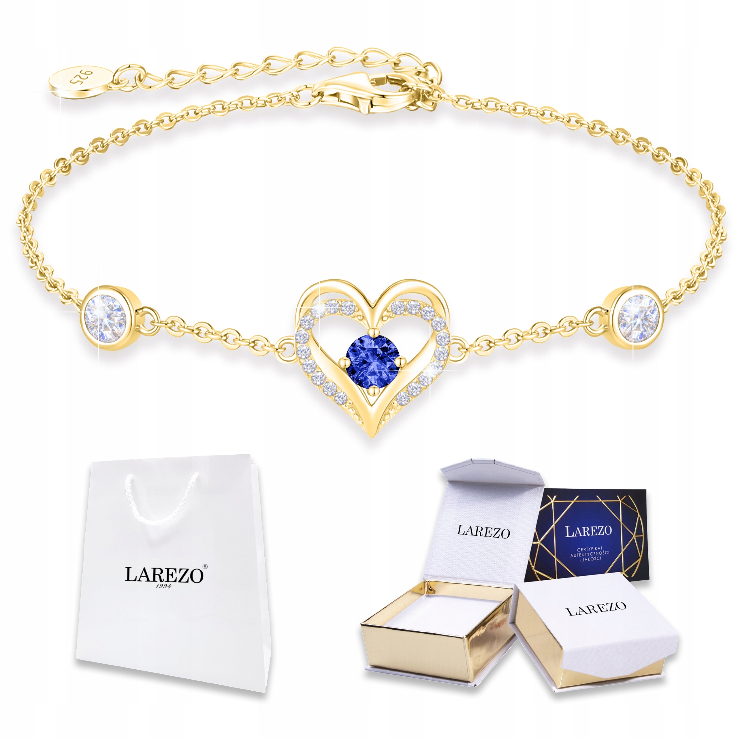 Zlatý náramek Srdce Modré Očko Zirkony Srdíčko Stříbro 925