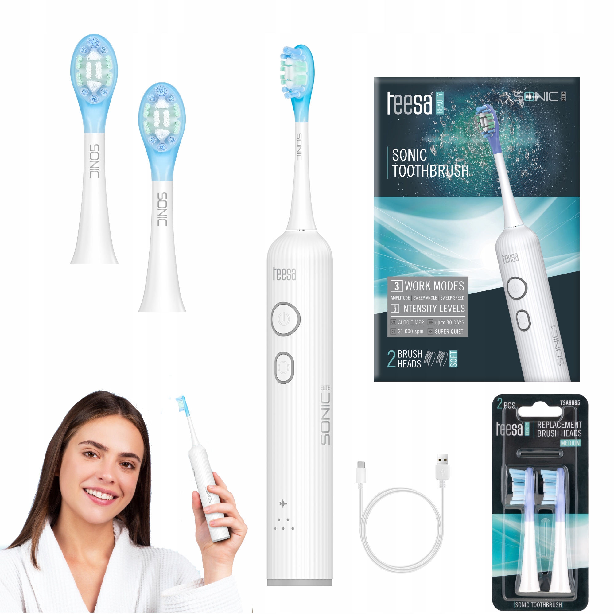 Soniczna szczoteczka do zębów Teesa Elite biała dodatkowe główki średnie