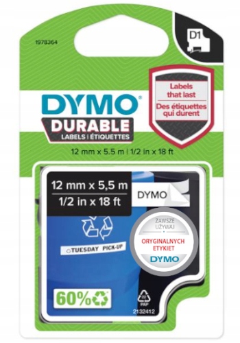 Oryginalna Taśma Dymo D1 Durable odporna trwała 12mm x 3m czarna biały