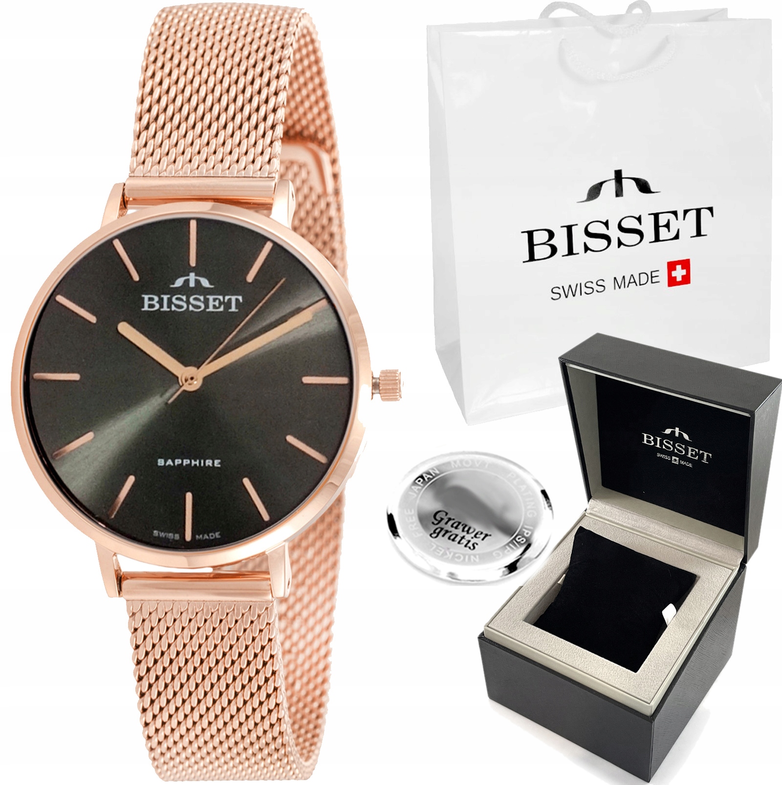 Švýcarské dámské hodinky Bisset Simona Gravírování růžového zlata, safírové sklo
