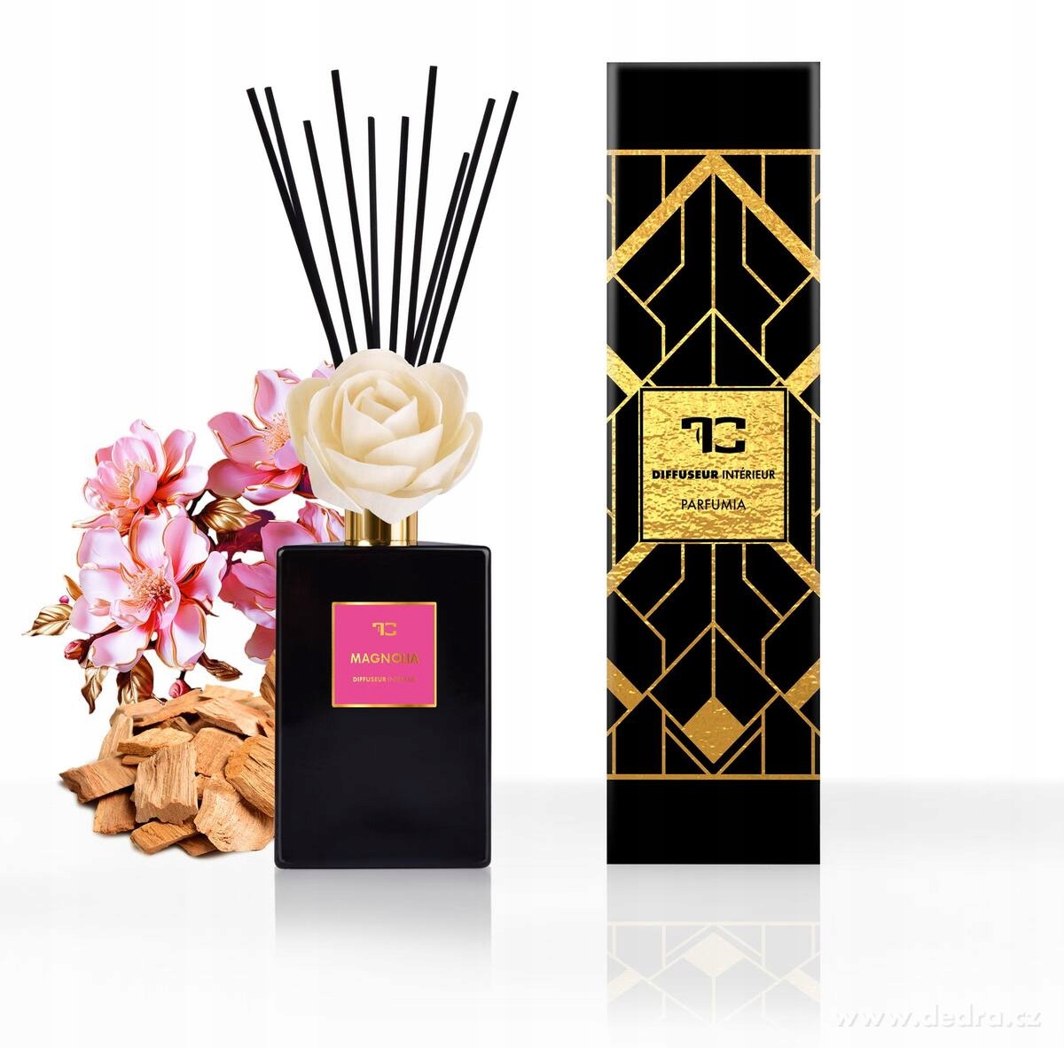 Levně Difuzér s květinou & tyčinkami Parfumia, Magnolia Wood, 500 ml