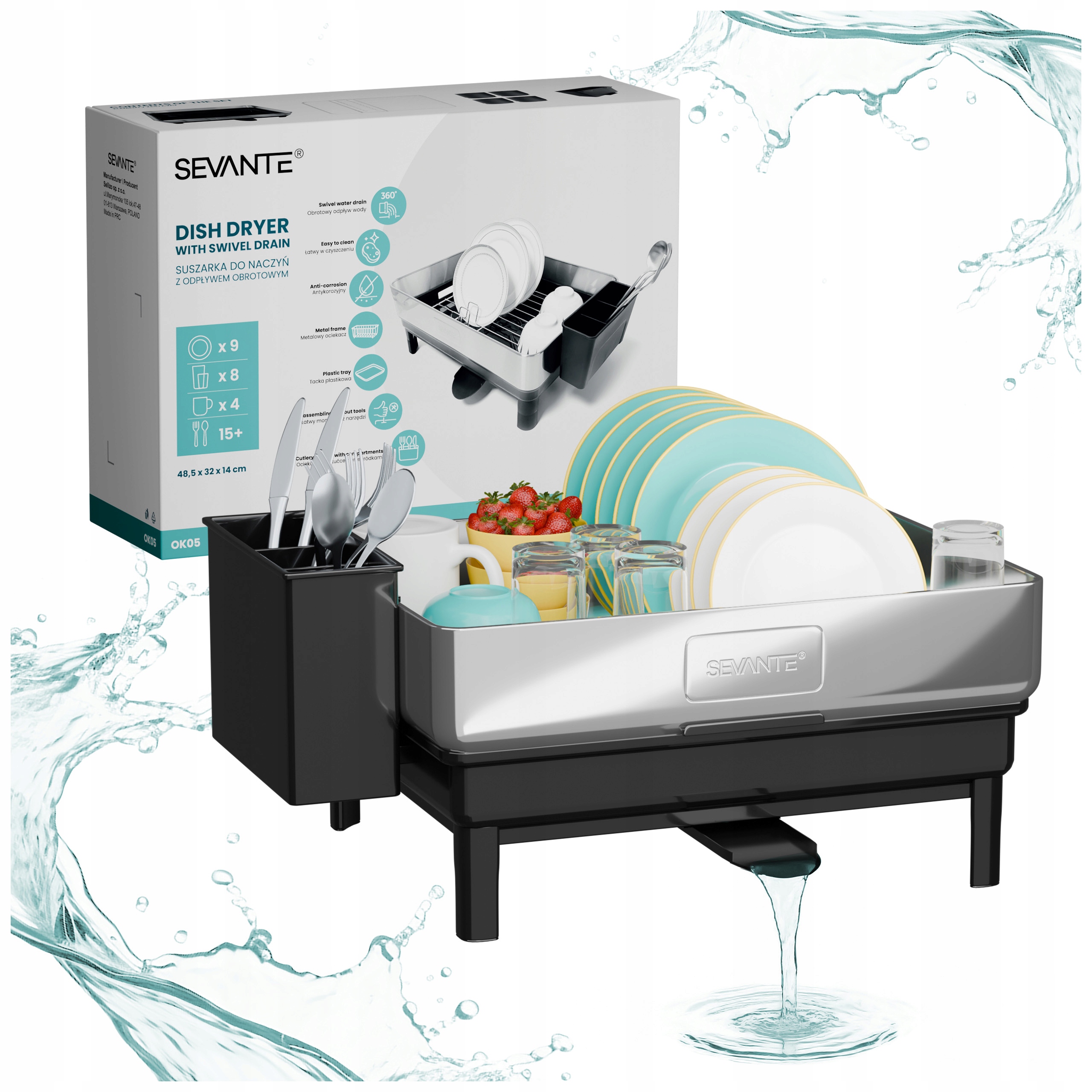 Kuchyňský odkapávač na nádobí na talíře černý s otočným odtokem