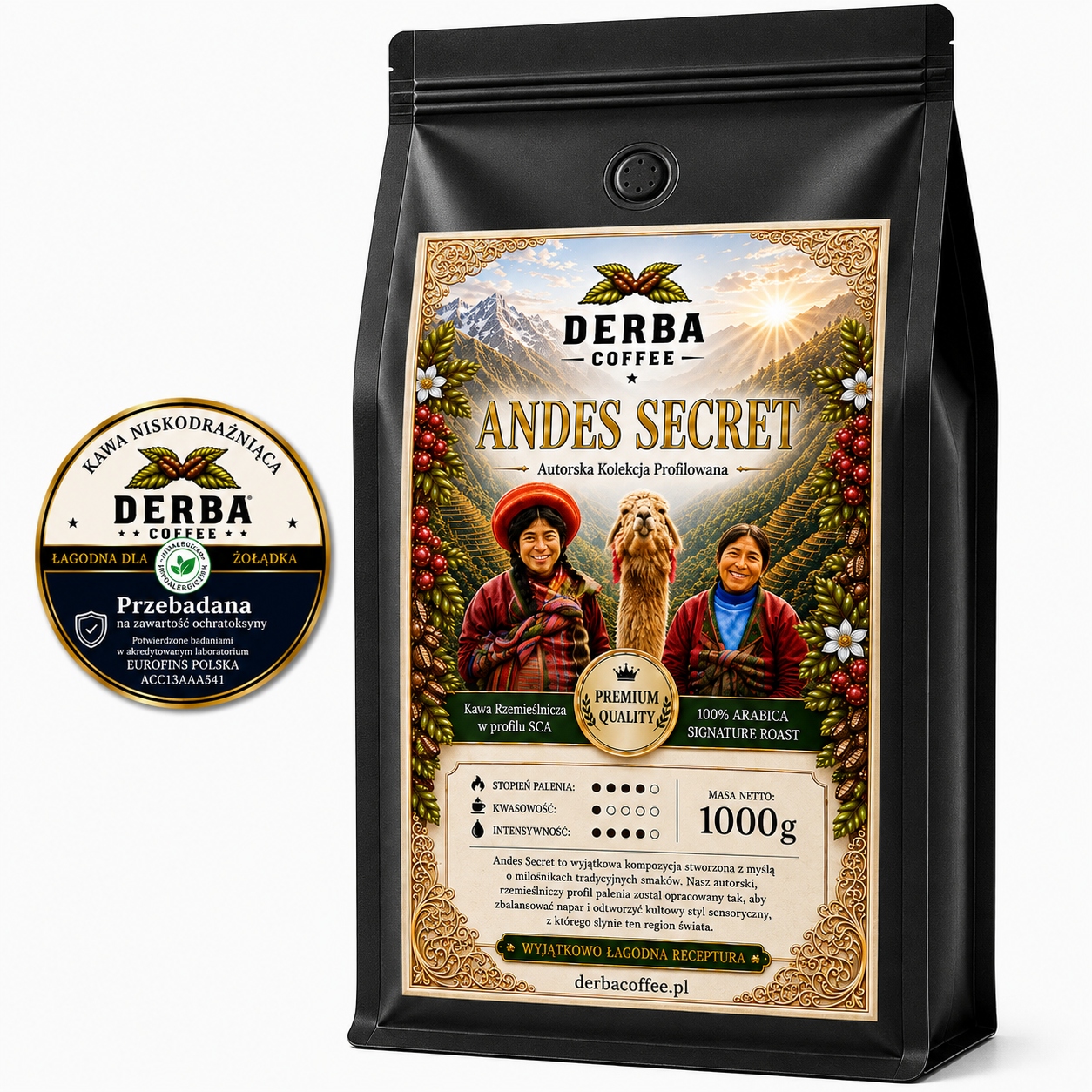 Káva zrnková 1 kg Andes Secret Peru 100% Nízkodráždivá Arabika