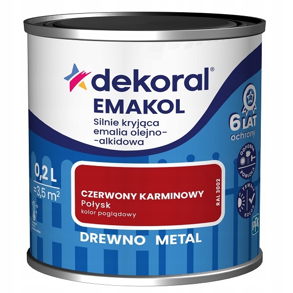 DEKORAL EMAKOL EMALIA SILNIE KRYJĄCA czerwony połysk 0,2L