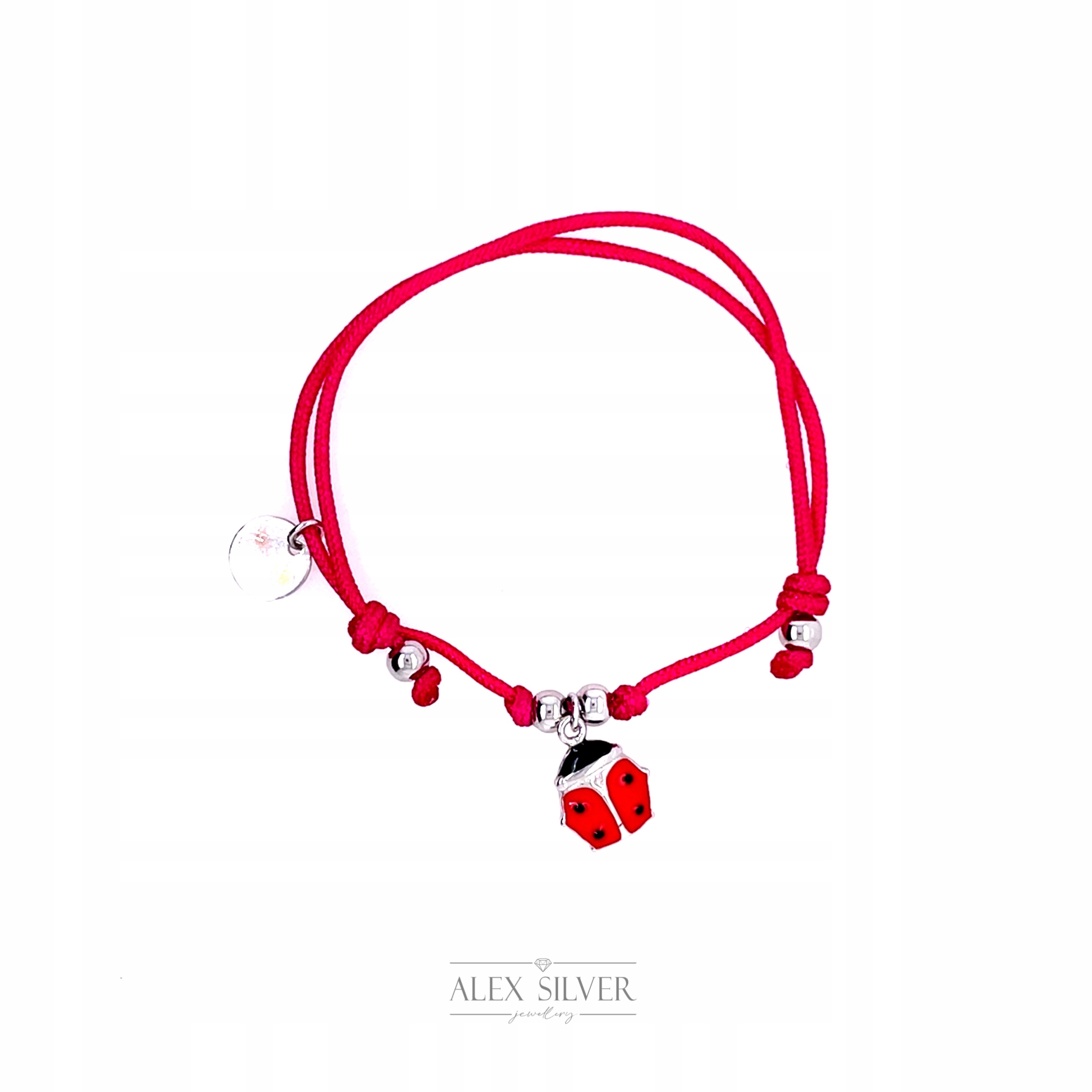 Srebrna bransoletka na różowym sznurku biedronka