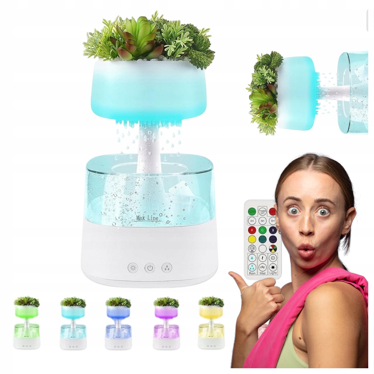 Conblom Nawilżacz Deszczowy Z Funkcją Led, 450 ML, Biały, Pilot, Timer