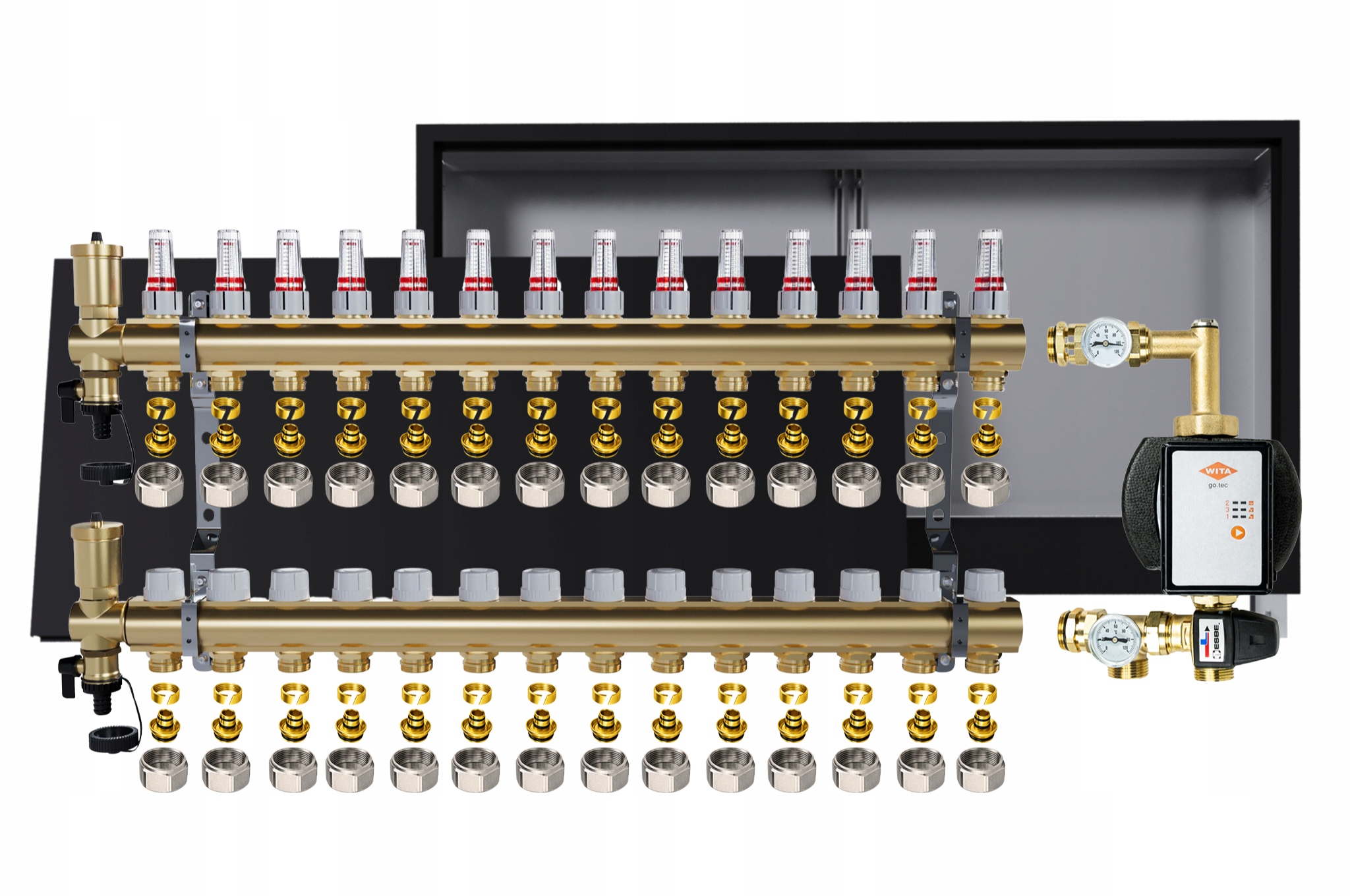 Rozdělovač pro podlahu 14 okruhů s čerpadlem Wita podomítková skříňka +pex