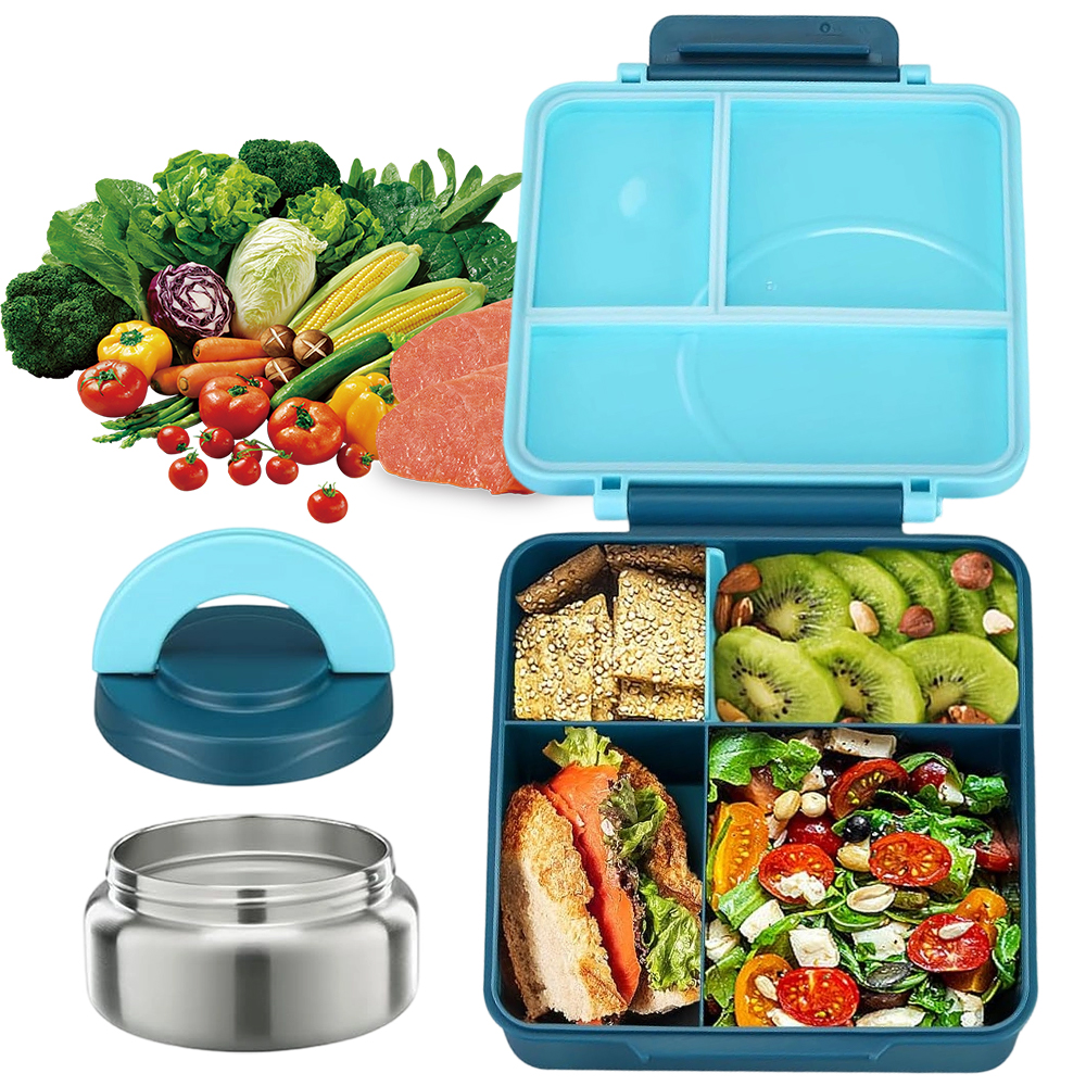 Bento Obědový Box S Termoskou Na Polévku A 4 Přihrádkami, Modrý